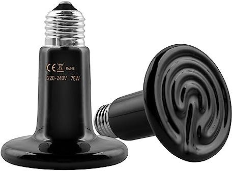 Paquete de 2 E27 75W Bombilla de Calor Infrarroja de Cerámica, Lámpara de Calor para Animales, para Reptiles de Terrario, para Anfibio, Lagartos, Tortuga, Serpiente, Pollo