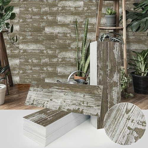Lukery Tile Stickers Stick on Tiles, Self Adhesive Wall Tiles for Bathroom Kitchen, Oil Proof DIY Peel and Stick Floor Wood Grain Wall Tiles, 30.48x10.16cm (54PCS,Light Green)