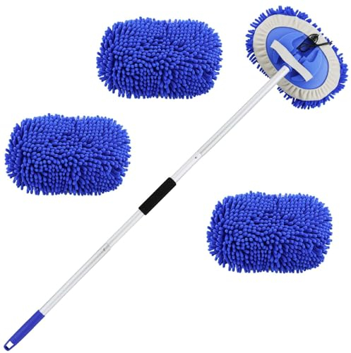 DNDGDLUA Spazzola per lavaggio auto, 160 cm, con manico telescopico, per camper, auto, set di pulizia in microfibra, set 2 in 1, spazzola telescopica anti-graffio, ricambio (3 testine mopp)