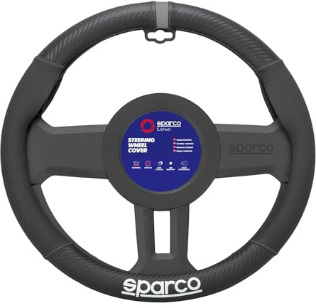 Sparco Funda Volante de Coche SPS131 Negro Carbono Universal 38 cm Material PVC y Goma Elástica Anti decoloración Agarre Cómodo y Fácil Instalación