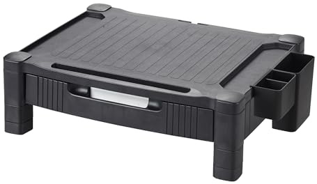 Q-Connect Monitorständer mit Schublade/Die ausziehbare Dokumentenschublade und die seitlichen Organizer/Kabelmanagement/Anti-Rutsch-Beschichtung/Schwarz