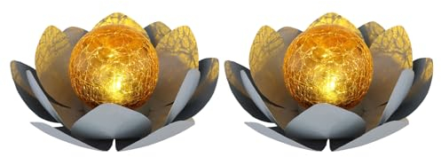 Juego de 2 lámparas solares decorativas de nenúfar con bola de cristal crackle, gris, diámetro de 25 cm