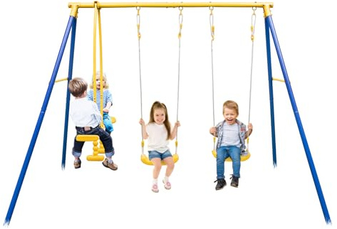 KOMFOTTEU Set di Altalene da Giardino per Bambini 3-12 Anni, Seggiolino Altalena Bambini con Altalena a Bilico e 2 Altalene a Dondolo, Corde Regolabili, Telaio ad A Stabile per Esterno ed Interno