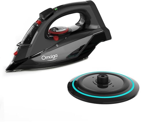 OMAIGA Cordless Iron for Clothes, 1500W Steam Iron Rapid Heating, Ceramic Soleplate, Auto Shut Off, Self-Clean, Anti-Calc, 3 Temperature Settings, 11.84oz Water Tank Ironing Clothes for Home, Black