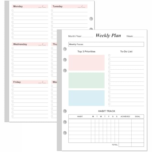 Weekly Planner Refills for A5 Binders - 53 Sheets/106 Pages Undated Colorful Weekly Planner, 6-Hole Punched, 100 gsm White Paper, Lasts 1 Year, Undated, 5.8 x 8.3