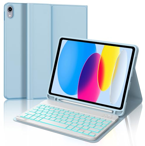 Clavier iPad A16 11ème Génération 11 Pouces 2025/iPad 10ème Génération 10.9” 2022, Coque Clavier AZERTY sans Fil Bluetooth Eclairage 7 Couleurs pour iPad 10eme/11eme avec Porte Crayon, Bleu Ciel