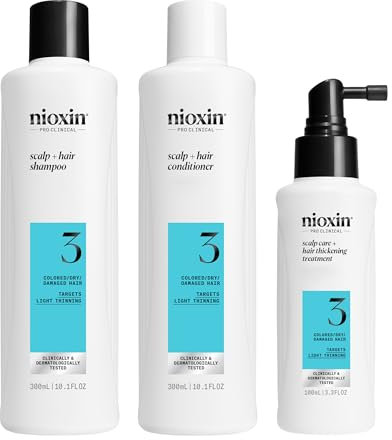 Nioxin Scalp + Hair Thickening System 3 Loyalty Kit - Hair Thickening System for Coloured, Dry and Damaged Hair with Light Thinning - Shampoo, Conditioner and Scalp Treatment, 300+300+100ml