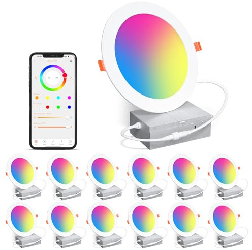 SikSog Smart Recessed Lighting 6 Inch RGBCW Color Changing 16W LED Downlight with Junction Box,1350 Lumen Recessed Ceiling Light Compatible with Alexa,Dimmable by Bluetooth Control -12Pack