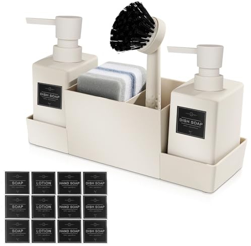 Diskbänksarrangör, köksförvaring, plastdiskbänksset med diskmedelsdispenser, borste och disksvamp, diskbänksorganisatör med tvåldispenser svampborste, Beige