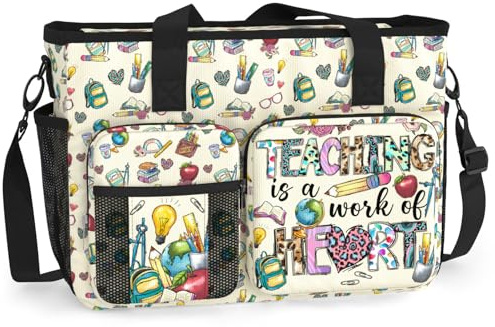 84hoods Teacher Shoulder Bag for Work. Waterproof Teacher Work Bag with Large Compartments, Padded Laptop Storage and Multiple Pockets. Gift for Teacher. Work of Heart.