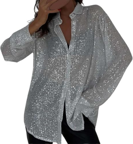 Chemise à Paillettes Femme Chemisier à Sequins Brillant Vintage pour Soirée Disco Clubwear Tops Streetwear Femme Haut à Brillante Mode Femmes Blouse avec Boutons Chic et Elegant Lâche Respirant