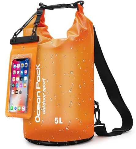 KUOGAS Bolsa Estanca Impermeable con Bolsa Impermeable Móvil & Correas – Mochila Impermeable para Outdoor, Camping & Deportes Acuáticos | 5L, 10L, 20L | Bolsa Playa Impermeable (Naranja, 5 L)