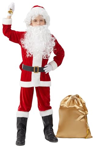 LETIME 11 Pcs Kids Santa Costume Children's Deluxe Santa Claus Outfit Toddler Santa Suit for Boys Christmas & Halloween Cosplay Party Dress Up