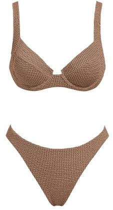 VOLAFA Women's Triangle Bikini Set Textured Push Up Underwire Solid Cheeky Two Piece Swimsuit Bathing Suit (Medium, Coffee)