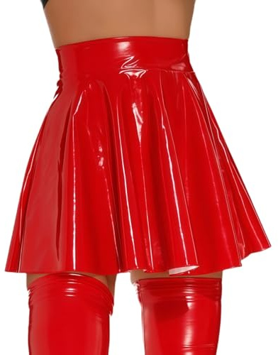 Hybursky Women's Metallic Shiny Mini Skirts High Waisted Pleated Skirt with G-String PU Leather A-Line Y2K Short Skirts Clubwear Disco Rave Nightclub Dance Party Performance Costume, Red/XL