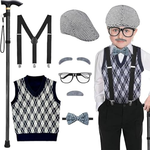 Barn gammal – man – tema 100 skoldagar och halloween kostym set med hatt, glasögon och morfar väst, ljusgrå, för pojkar, 2–6 år