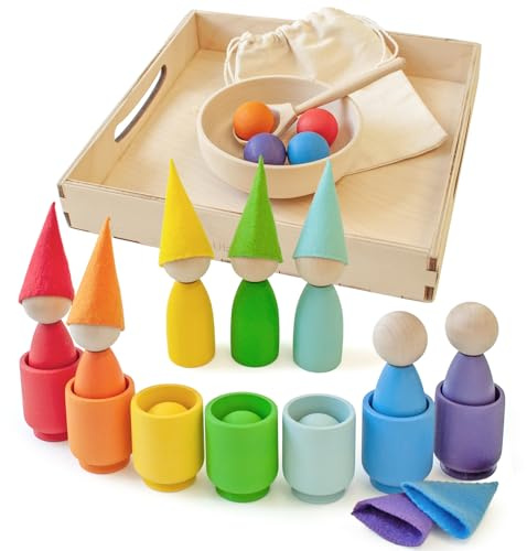 Ulanik Muñecos y bolas de arco iris en tazas Montessori juguetes a partir de 3 años + sensores educativos para bebés juegos de madera para contar y clasificar colores (1-2 edición)