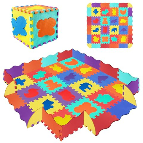Tapis Puzzle Bébé145x145cm - 36 Pièces Mousse EVA sans BPA, Bordure Convertible en Barrière | Antidérapant, Imperméable | Idéal Ramper, Jeu Intérieur/Extérieur