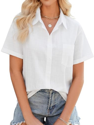 UMIPUBO Camicia Donna Estiva Camicetta Manica Corta Cotone da Donna Elegante Blusa Scollo V Casual Bottone Camicie Maglietta Versatile Top Tinta Unita Shirt Classico (Bianco, S)