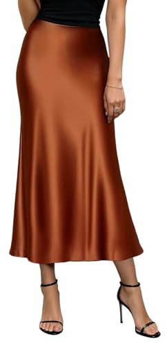 viiotu Satin Skirt for Women UK, Elegant High Waist Satin Midi Long Slip Skirt, A-Line Silk Skirts for Women (UK, Alpha, XL, Regular, Regular, Caramel)