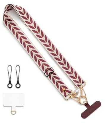 CHUQING Cinturino universale per cellulare largo, per cellulare cellulare, cordino, cordino, cinturino da polso, bordeaux e beige, 2,5 cm x 55 cm