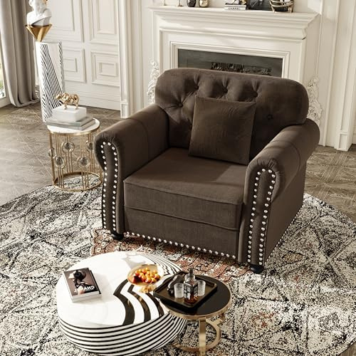 LuxyHoom 41.3'' Velvet Chesterfield Sofas, Modern Oversized Accent Chair, Single Sofa Reading Chair, Comfy Tufted Back Armchair with Pillow, Rolled Arms for Small Spaces, Living Room, Office, Brown