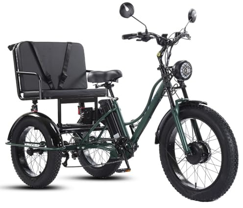 Elektrisk cykel med 3 hjul för äldre, 24 tum, lastkapacitet 200 kg, höjd, justerbar bakkorg för träning och shopping, grön sadel