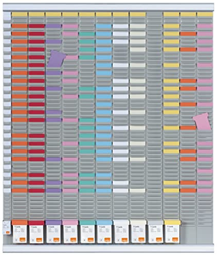 Nobo Planning Annuel à Fiches T Grand Format, 12 Colonnes + 1 Index, 54 Fentes Indice 2, Rails Aluminium, Fiches et Étiquettes avec Porte-Étiquettes Magnétiques, Fixation Murale, Bureau Usine, 2911200