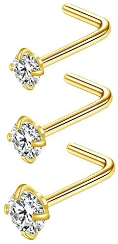 Zifoan 3 Pcs Stainless Steel Nose Rings Studs 20 Gauge L Shaped Curved Nose Piercing Jewelry 2mm 2.5mm 3mm Diamond CZ Nose Stud L Bend for Women Girl Piercing - Gold