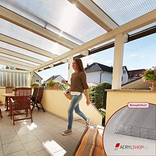Acrylshop24 Terrassendach Terrassenüberdachung Carport Komplettset Polycarbonat 16mm X-Struktur Stegplatten farblos 16mm Stegplatten Tiefe:2000mm|Breite:4100mm - Mehrere Maße verfügbar