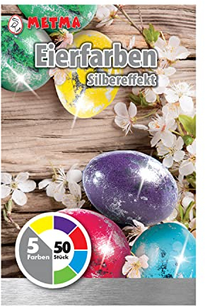 Metma B-592 - Eierfarben mit Silbereffekt, flüssig, 5 Stück, Gelb, Lila, Rot, Blau, Grün, Schellack, mit Handschuh, Silber-Folie, für ca. 50 Ostereier, Ostern