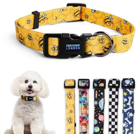 Cosyhome london Dog Collar With Colourful Bee Patterns, Adjustable Durable Pet Collars for Small Medium Large Dogs (bumblebees, s)