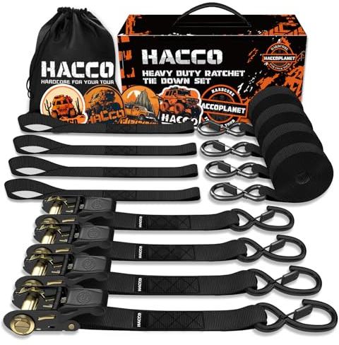 Haccoplanet Ratchet Tie Down Straps, 2340lb Break Strength, 4pc 1inch x 16FT Tie Down Strap Set with Padded Handles & Coated S Hook W/Safety Clip, Cargo Strap Tie Down for Motorcycle, Truck (Black)