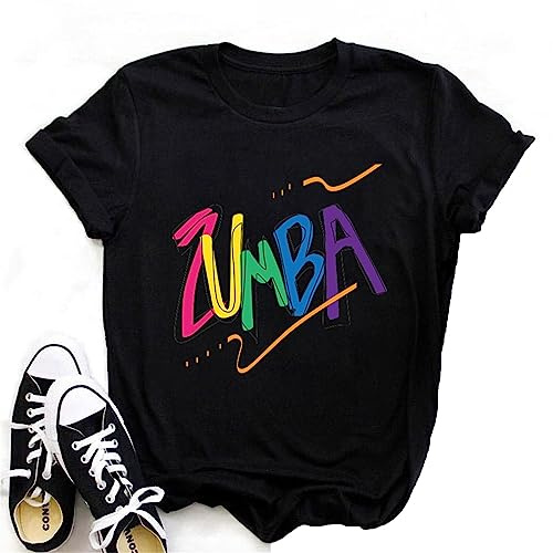 kewing Femmes Danse T-Shirt Graphique Imprimé Manches Courtes Col Rond Manches Roulées Hauts Décontractés pour Samba cha-cha Cours Danse Fitness Training