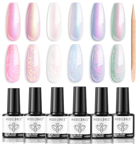 Modelones UV Nagellack 6 Farben Rosa Weiß Pearl Effect Gel Nagellack UV mit Stick den Kreis zeichnen für Frühling Sommer