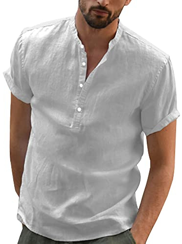 YAOBAOLE Chemise Homme Manche Court Chemises Lin pour Hommes Chemisette Homme Col Mao Casual Tee Shirt Vetement pour Hommes Ete Gris Clair M