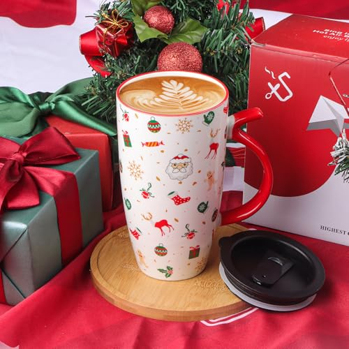 Weihnachtstasse Keramik Becher Weihnachten Bunt 600 ml Kaffeetasse mit Deckel Spülmaschinenfest Weihnachtsbecher Kaffeebecher Mug Cup Tasse Weihnachten