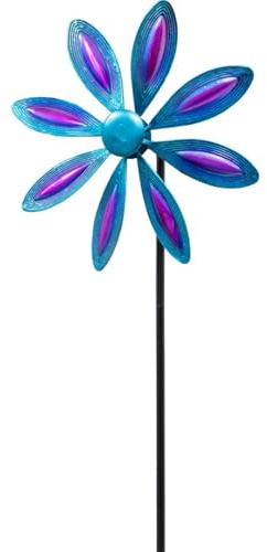 Kinetic Art Windspiel Metall Windrad kugelgelagert - Windmühle inkl. Bodenanker wetterfest standfest ideal für Terrasse und Garten (Flower Purple-Blue, Single)