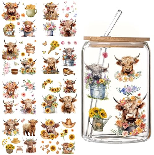 Highland Cow Stickers Cup Wraps - 9 Sheets Rub On Transfers Stickers Craft Highland Cow UV DTF with Flower Cute Animal Waterproof Transfer Sticker Decals for Furniture Cabinet Glass Cups DIY Crafts