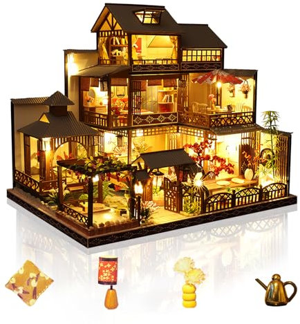 Cuteefun Casa de Muñecas en Miniatura con Luz LED, Modelos de Madera Hechos a Mano, ¡Construye la Casa de Tus Sueños, Cumpleaños y Navidad (Patio de Ocio)