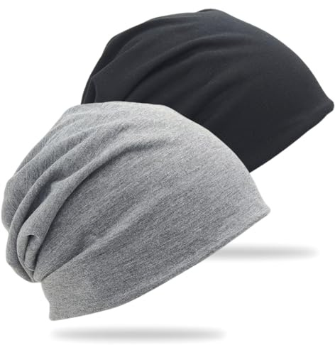 UIEXAY Cappello Slouchy in Cotone Morbido Confezione da 2 Berretti Elasticizzati Cappelli Larghi con Teschio Cappelli Chemio per Uomo E Donna - (Nero,Grigio)