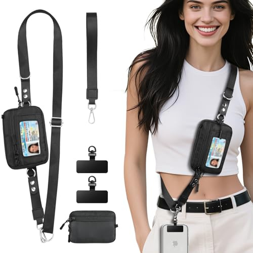 TiMOVO Mobiltelefon-halsrem med avtagbar RFID-plånbok, justerbart stöldskydd crossbody-bärrem, svart