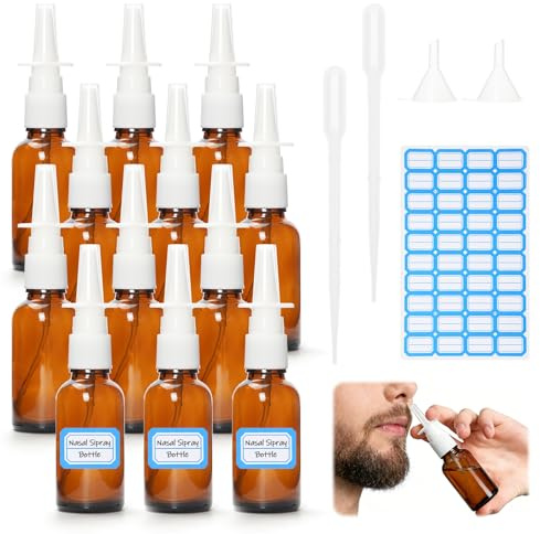 WRENYZK 12 st Nasal Spray Bottle, 30 ml L/1 oz glas påfyllningsbar kontinuös fina mister sprayflaskor, Small Empty Nasal Spray med Funnels Droppers och etiketter, Travel Sized (bärnsten)