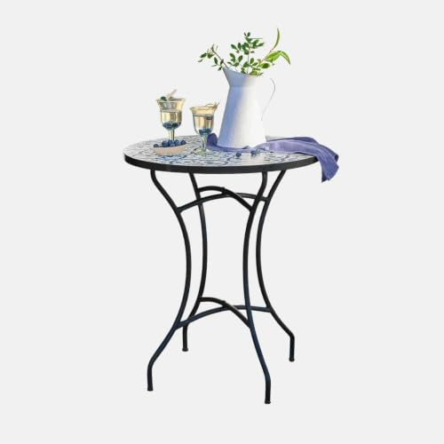 Loberon Giulessa Tavolo - Piatto in Mosaico Riccamente Decorato - Struttura in Ferro dalle Linee sinuose, Nero/Bianco/Blu