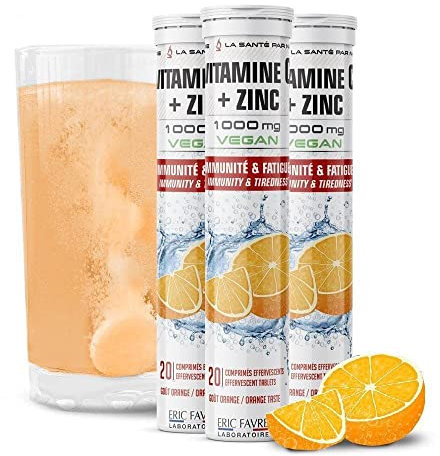 VITAMINE C EFFERVESCENTE - Énergie, Boost Immédiat, Immunité Renforcée, Enrichie en Zinc - Tonus et Vitalité Retrouvés - Lot de 3 Tubes de 20 Comprimés Effervescents à l'Orange - Eric Favre