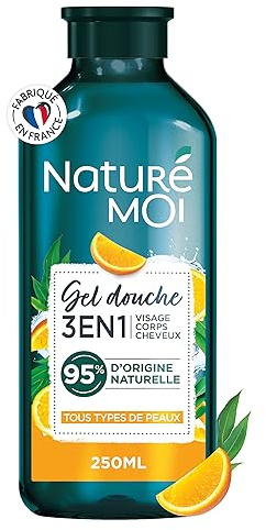 Naturé Moi - Gel Douche 3 en 1 Visage, Corps, Cheveux - Hydrate et Nourrit - À l'eau d'Orange Bio et à l'Eucalyptus de la Réunion - 95% d'Origine Naturelle - 250 ml - Fabriqué en France