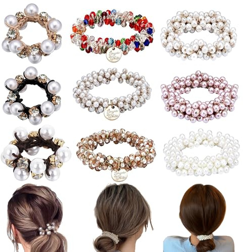 Lot de 9 Chouchous Cheveux en Perle, BetterJonny Chouchous Élastiques à Cheveux avec Perles pour Femmes et Filles