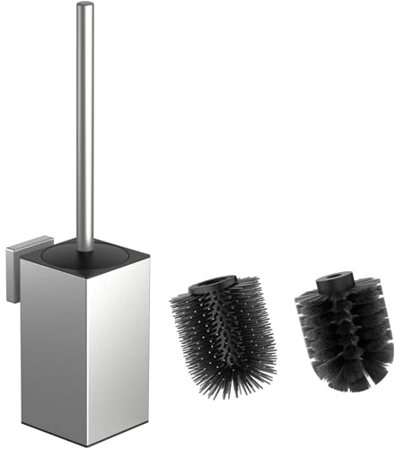 WAVEWO Scopino per WC in Silicone Con Supporto - Set Con 2 Testine e Porta Scopino in Acciaio Inox 304 per Pulizia Bagno (Quadrato Argento)