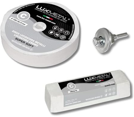 Lux Metal Kit 1 Slipande polerpasta 250 gr och 1 skiva Polering i bomull 100 mm (S-Fin) För Polering Metaller Rostfritt Stål Aluminium Glänsande Järn Krom Plexiglass Marmor Mässing Koppar Plast