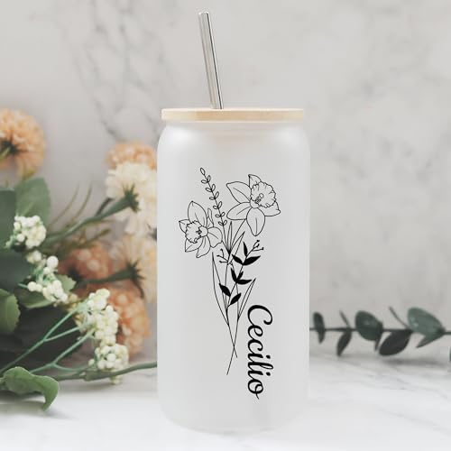 Taza de vidrio personalizada con nombre y flor de nacimiento, taza personalizada,tumbler personalizzato,vaso de café helado con popote y tapa, regalos para mujeres, profesores,cumpleaños, mamá